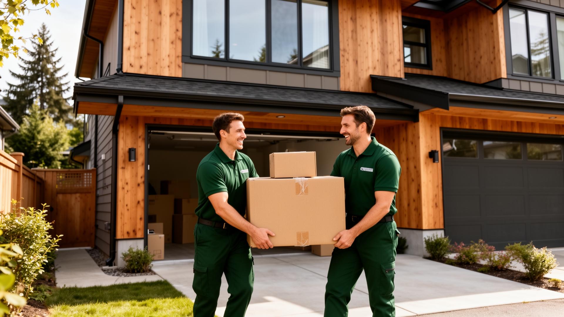 Smart Pacific Moving crew in green uniforms carrying boxes into a Vancouver home