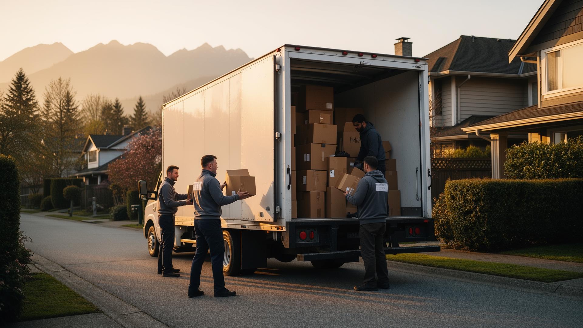 Smart Pacific Moving crew loading a moving truck on a Vancouver street at golden hour